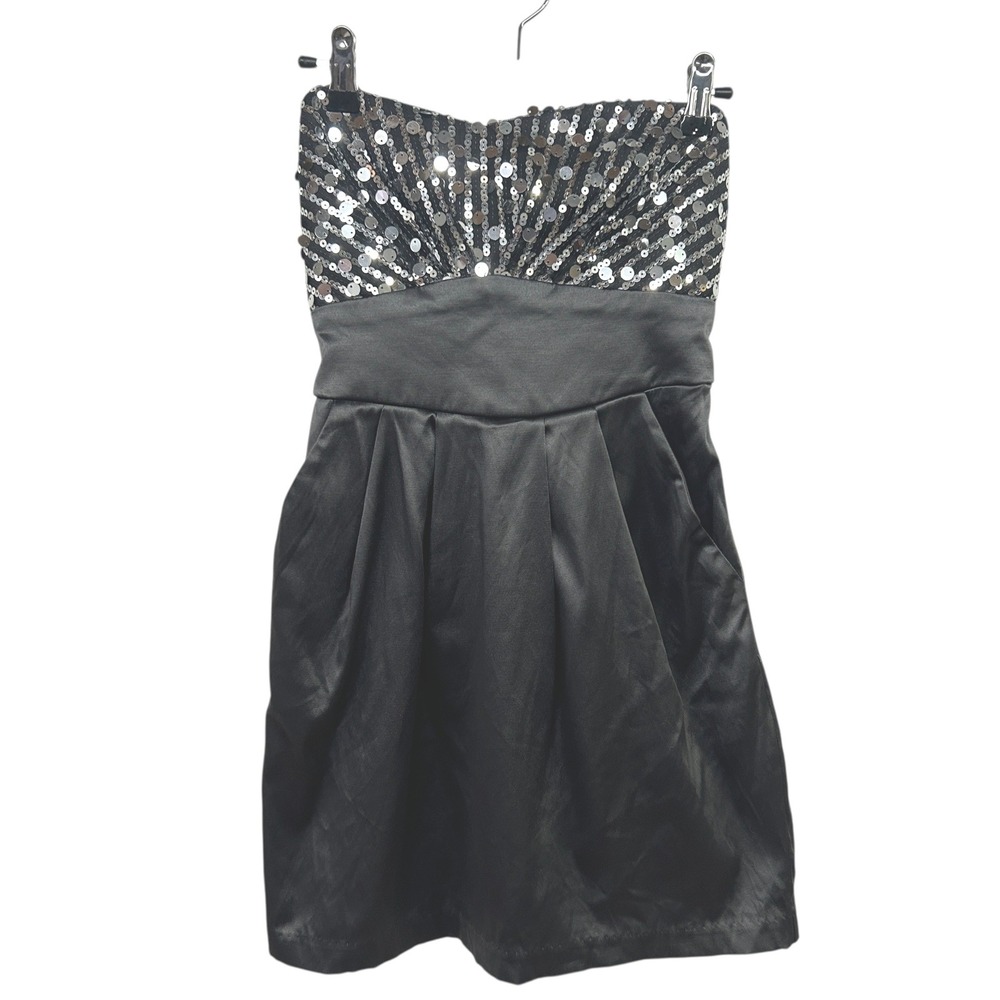Glam Y2K Strapless Sequin Sweetheart Mini Dress XS Grey Sparkly Party‎ Cocktail